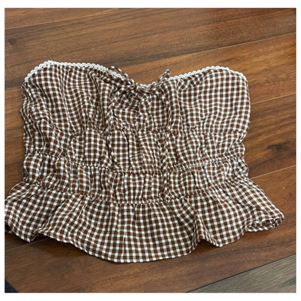 Sienna Sky Brown & White Gingham Smocked Tube Top Ruffle Lace Trim - Picture 2 of 4